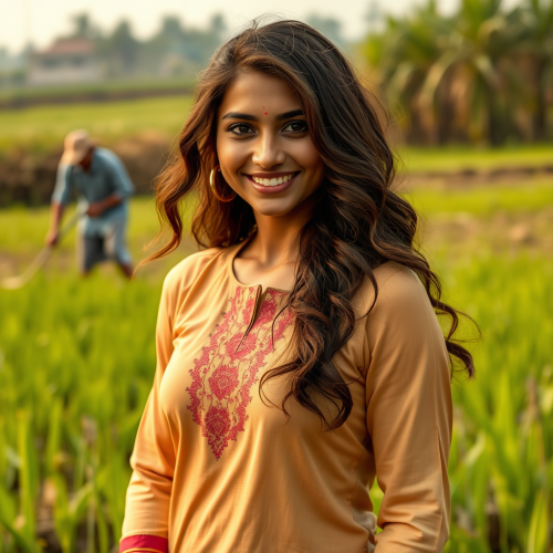 A Smiling, Muscular Indian Woman in a Field