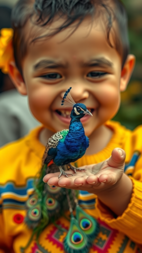 A Smiling Asian Child Holds Tiny Peacock A Smiling Asian Child Holds Tiny Peacock