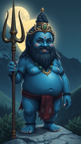 A Smiling Blue Figure Holding Trident, Moonlit Mountains