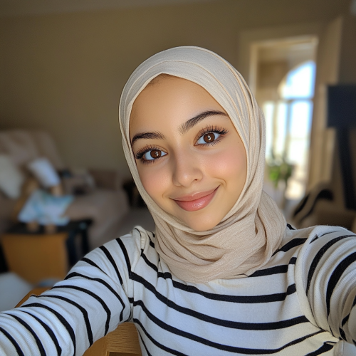A Smiling Hijabi Girl Taking Selfie at Table