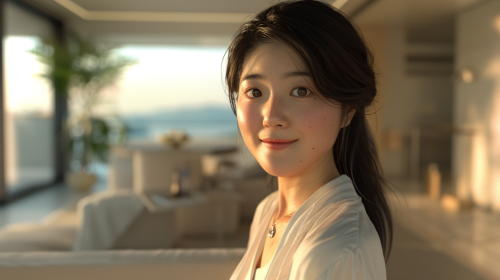 A Smiling Japanese Girl in Modern Space