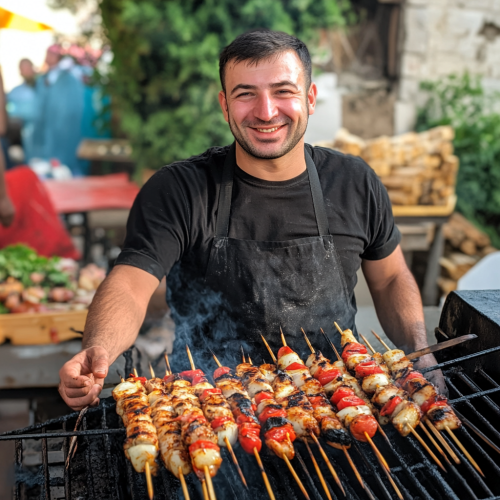 A Smiling Man Grills Kabobs on Skewers