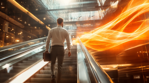 A Smiling Office Worker Walking Towards Escalator