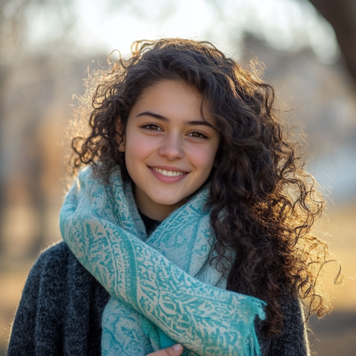 A Smiling Romanian Girl with Turquoise Accessories Outdoors