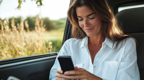 A Smiling Woman in Car Looking at iPhone