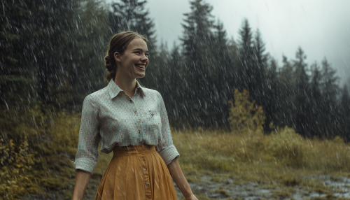 A Smiling Woman in Classy Clothes Standing in Rain