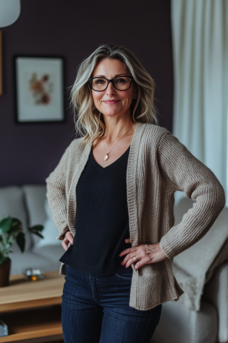 A Smiling Woman in a Modern Living Room