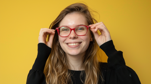A Smiling Young Woman with Red Glasses