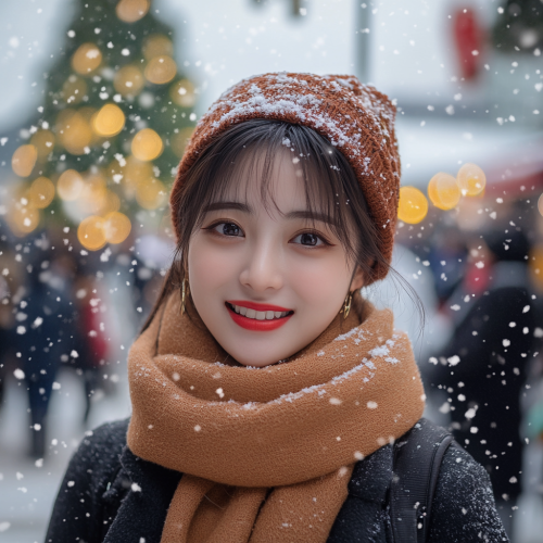 A Snowy Winter Town Festival with Christmas Decorations