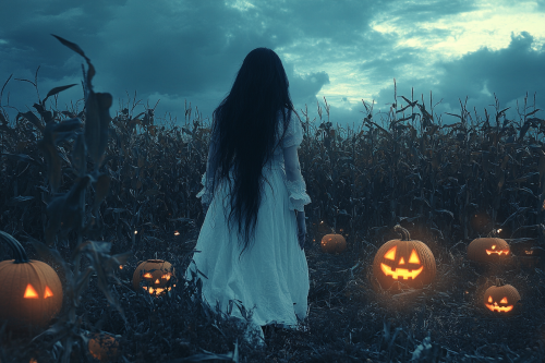 A Spooky Japanese Girl in Cornfield with Jackolanterns