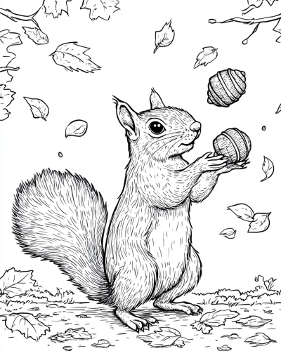 A Squirrel Juggling Acorns Coloring Page