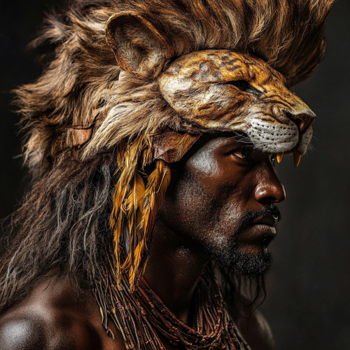A Strong African Warrior Man with Lion Headdress