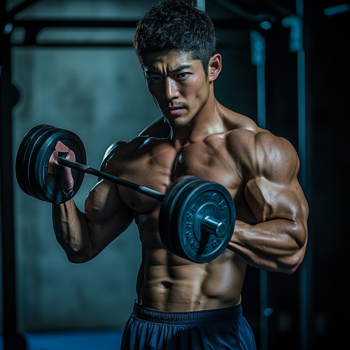 A Strong Japanese Man Lifts Weights in Gym