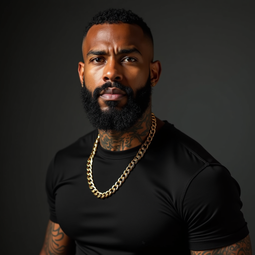 A Strong Man with Beard, Tattoos, and Chain