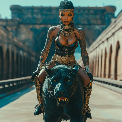 A Stunning African Woman with Tattoos Riding Panther