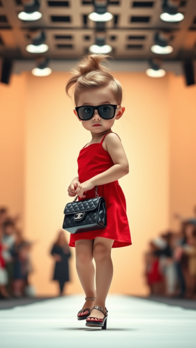 A Stylish Baby Walks Runway with Chanel Bag.