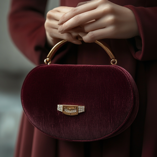 A Stylish Burgundy Cotton Handbag with Gold Accents