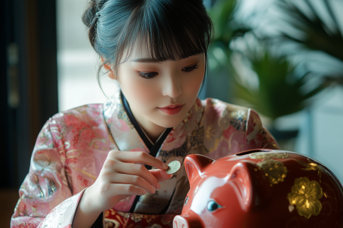 A Stylish Japanese Woman Saving Money at Home