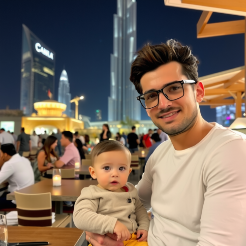 A Stylish Man Holding Baby Near Burj Khalifa