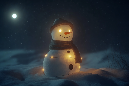A Stylish Snowman Glowing Softly in Moonlight