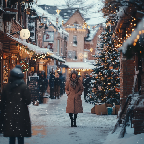 A Sunny Winter Evening in a Snowy Town