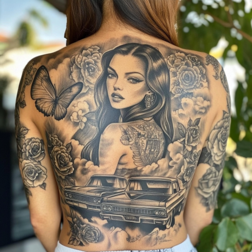 A Tattoo of an Aztec Princess with Classic Cars