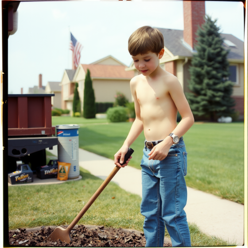 A Teenager Working in Summer Yard, 1980s Suburb