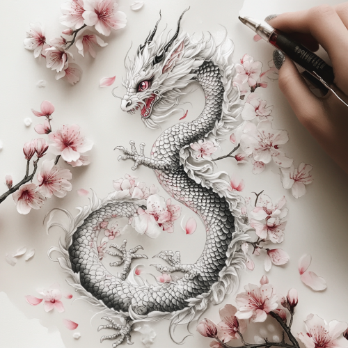 A Thin Dragon Surrounded by Sakura Flowers