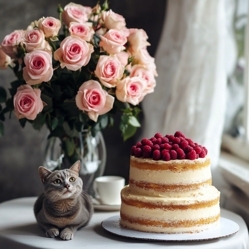A Three-Tiered Cake with Berries and Roses