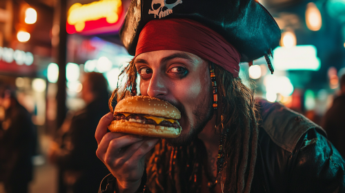 A Tired Drunk Pirate Enjoying a Late-Night Burger