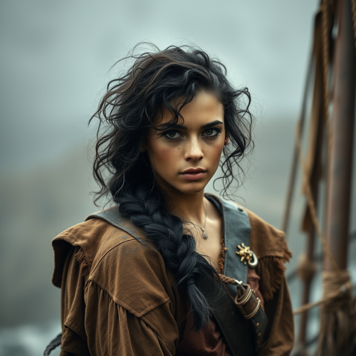 A Tomboy Medieval Female Pirate with Curly Hair
