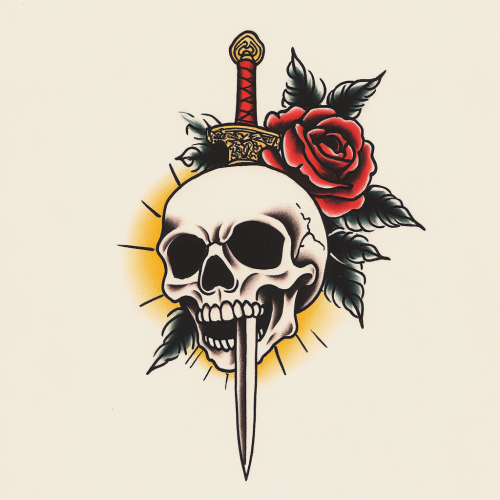A Traditional Skull Tattoo with Rose and Dagger