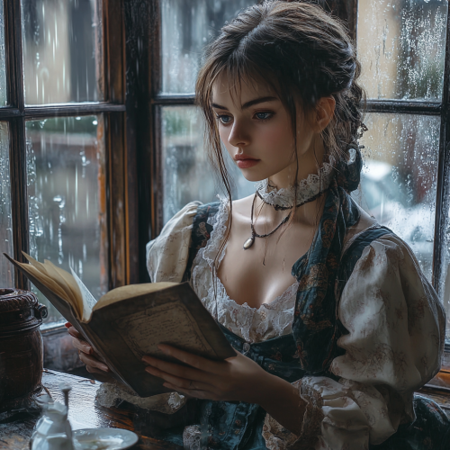 A Victorian girl reading a letter by window