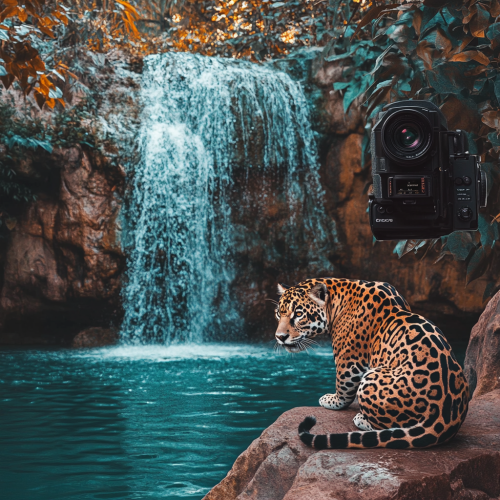A Vintage Camera Image of a Jaguar and Waterfall