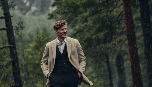 A Well-Dressed Man Smiling in Rainy Forest