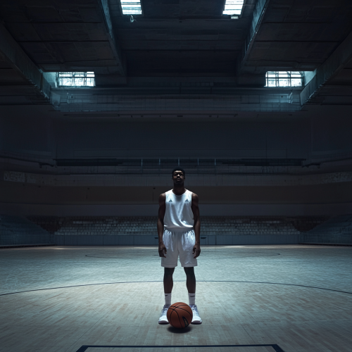 A White Basketball Player Poses in Dark Stadium