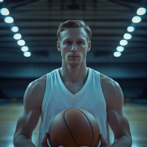 A White Basketball Player Poses with Ball in Stadium