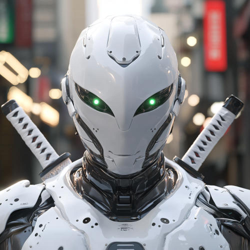 A White Robot Samurai with Emerald Eyes