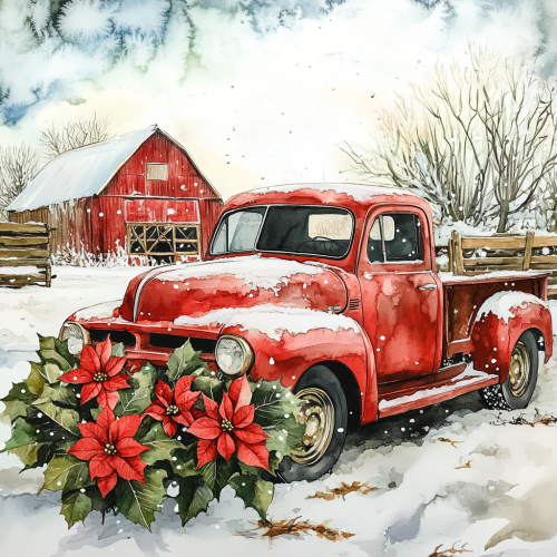 A Winter Scene with Poinsettias and Red Barn