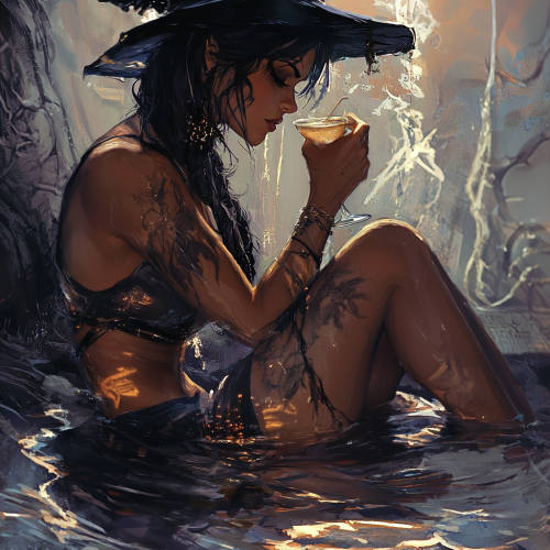 A Witch Relaxing by Dark Pool with Mimosa