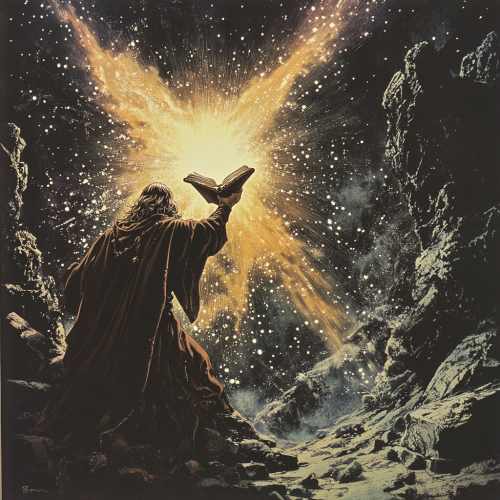 A Wizard Opens Enchanted Book, Shielding Eyes