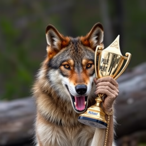 A Wolf Holding Trophy and Relaxing