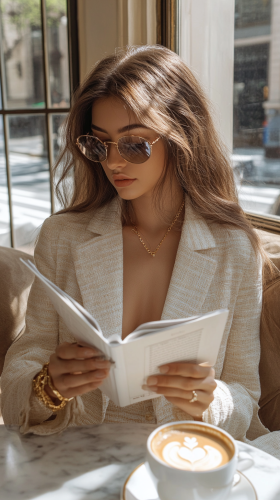 A Woman Reading a Planner in a Cafe
