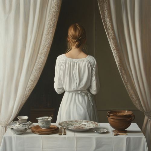 A Woman Standing at Table with Still Life