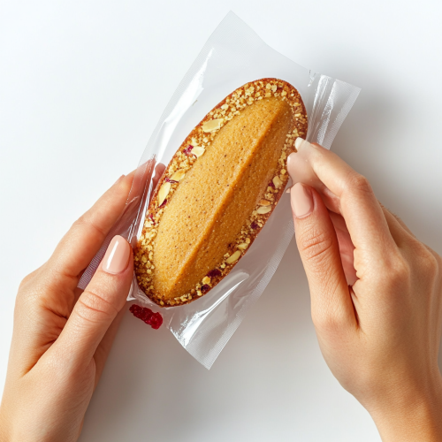 A Woman Unwrapping Delicious Almond Friand Cake