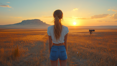 A Woman Watching Movie Shooting in Wide Field