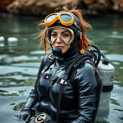 A Woman Wearing a Heavy Rubber Diving Suit