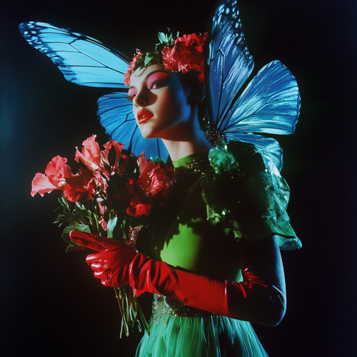 A Woman in Green Dress with Blue Butterfly Wings