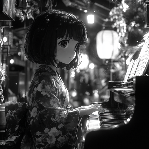 A Woman in Kimono Playing Piano in Horror