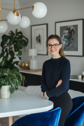 A Woman in Kitchen Dining Area Smiling Happily.